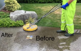 Employee demonstrates effectiveness of professional power washing outdoor walkways in a before/ after example