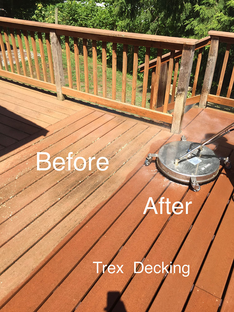 Employee power scrubs deck in a before and after example by a professional cleaning service