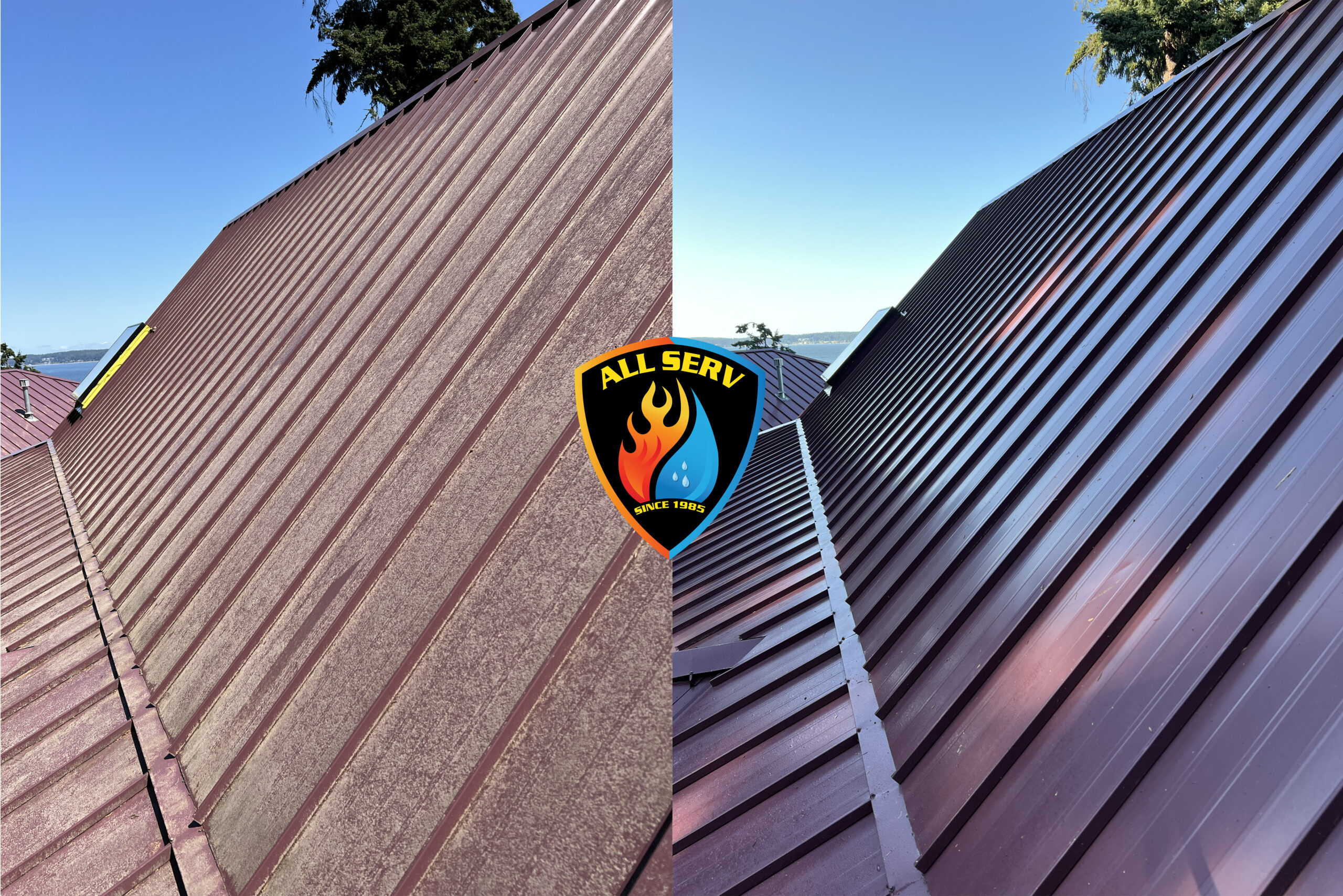 Metal roof before and after results of a Washington professional power washing company