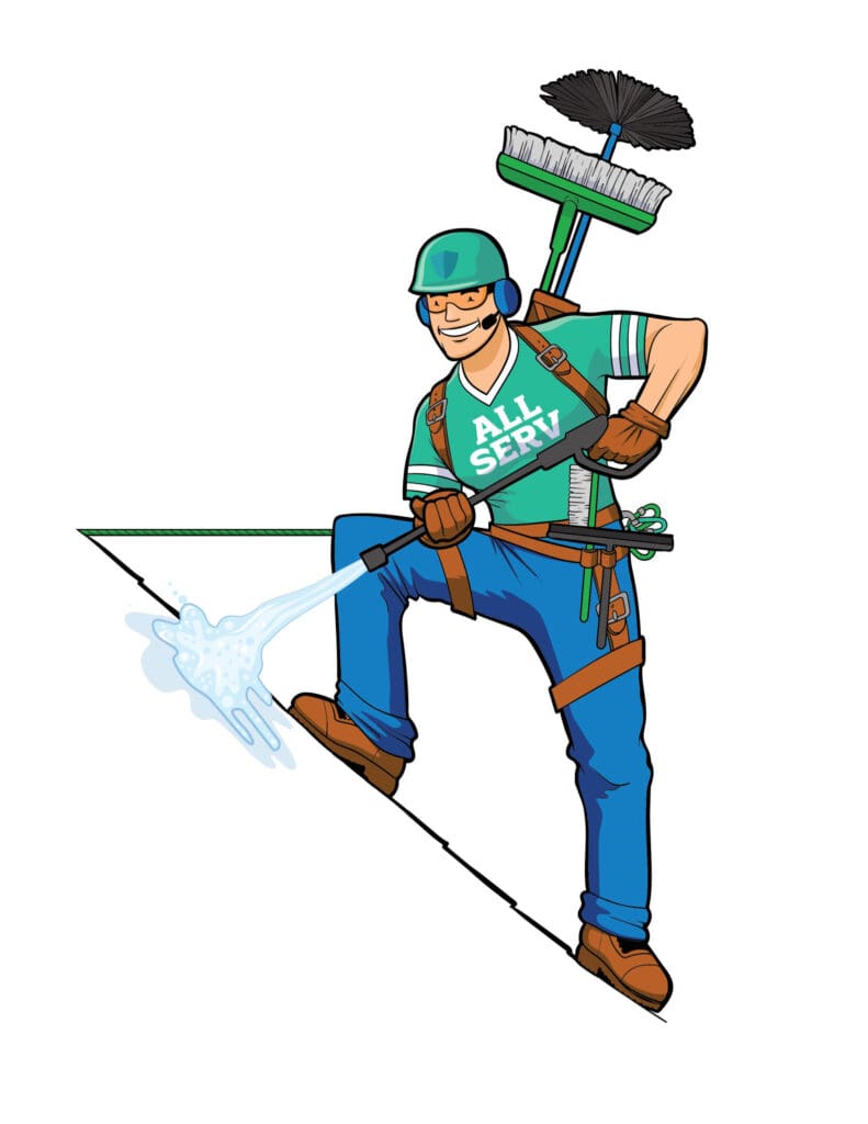 A cartoon of a man cleaning a house with a hose.